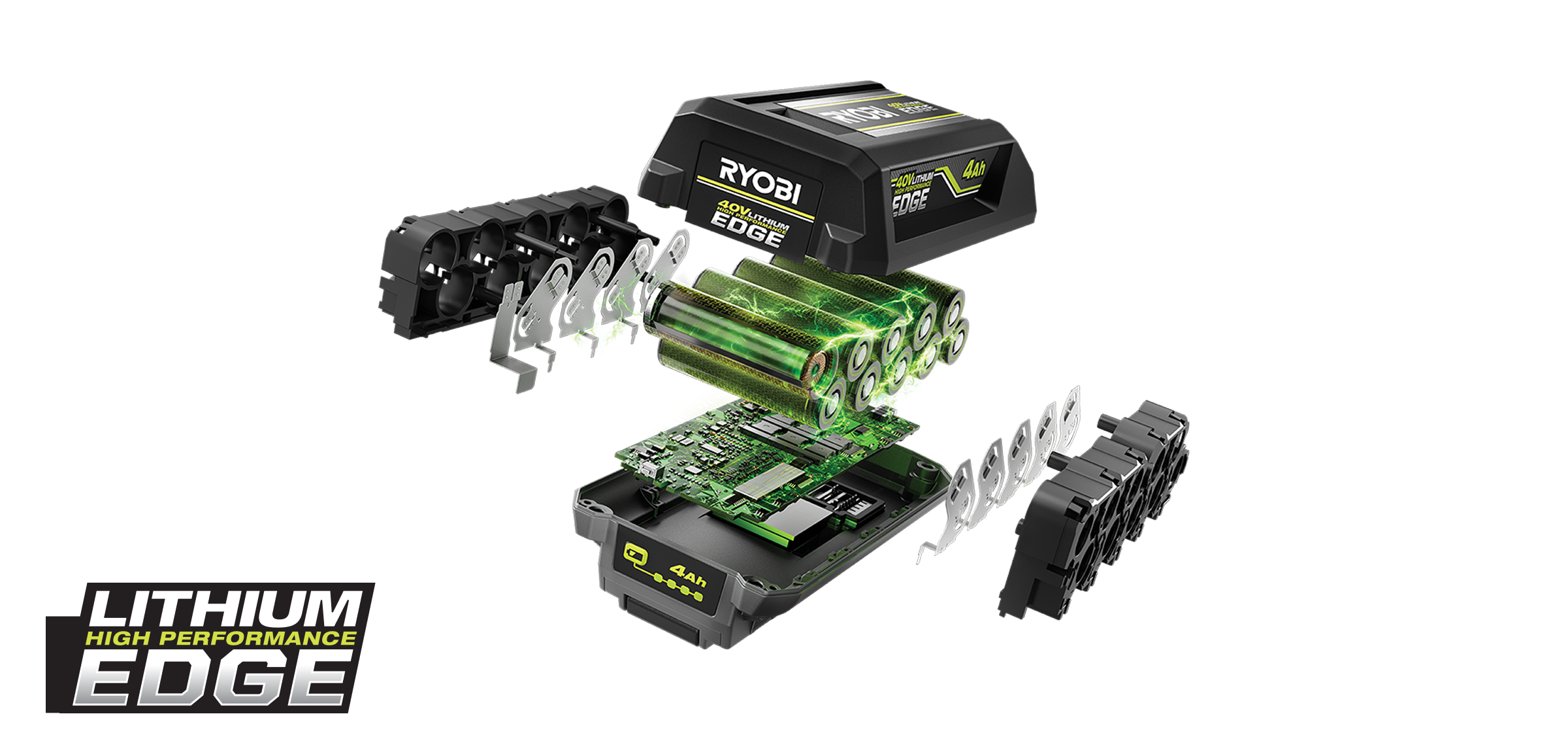 RYOBI 40V vAh battery exploded view showing internal technology and components